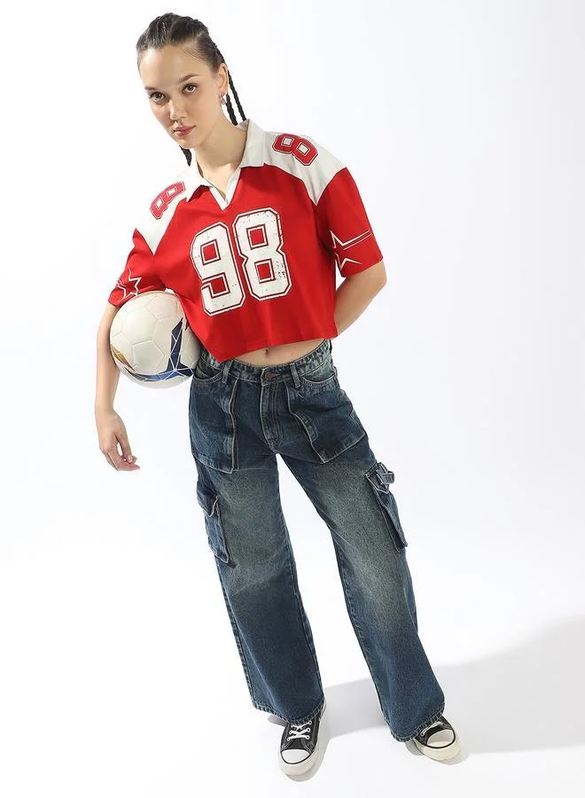 Hubberholme Women's Red 100% Cotton Printed Polo Boxy Fit T-Shirt